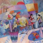 Josiane Pinel Debris - La visite de Fernand le pigeon - Huile sur toile - 80x80 cm